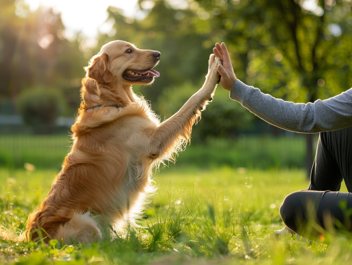 Golden retriever faisant un high five avec son éducateur