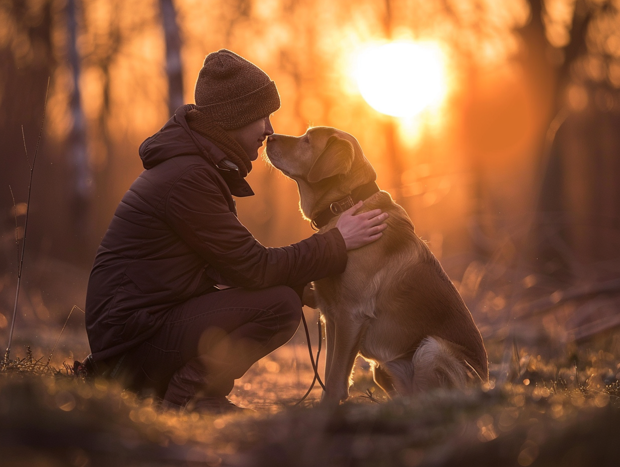 Complicité entre maître et labrador lors d'une séance