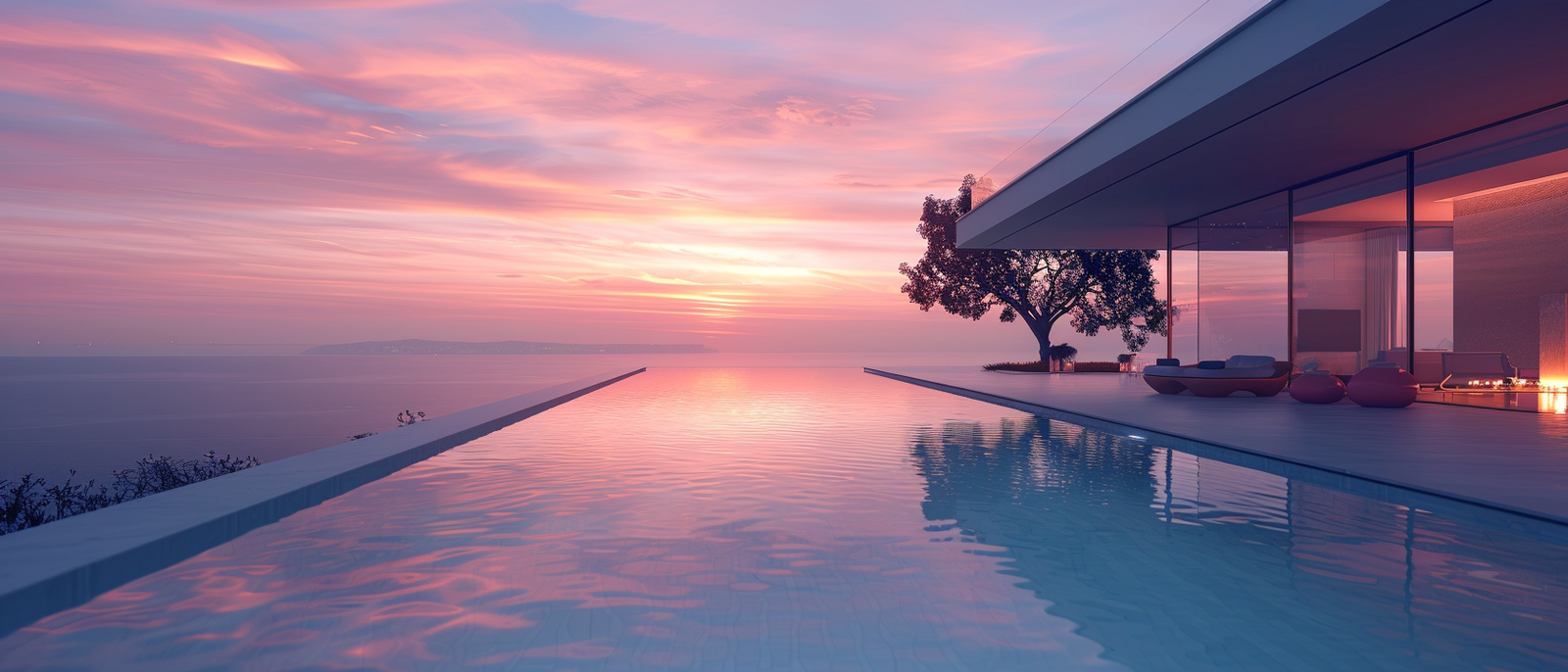 Piscine de luxe au coucher du soleil